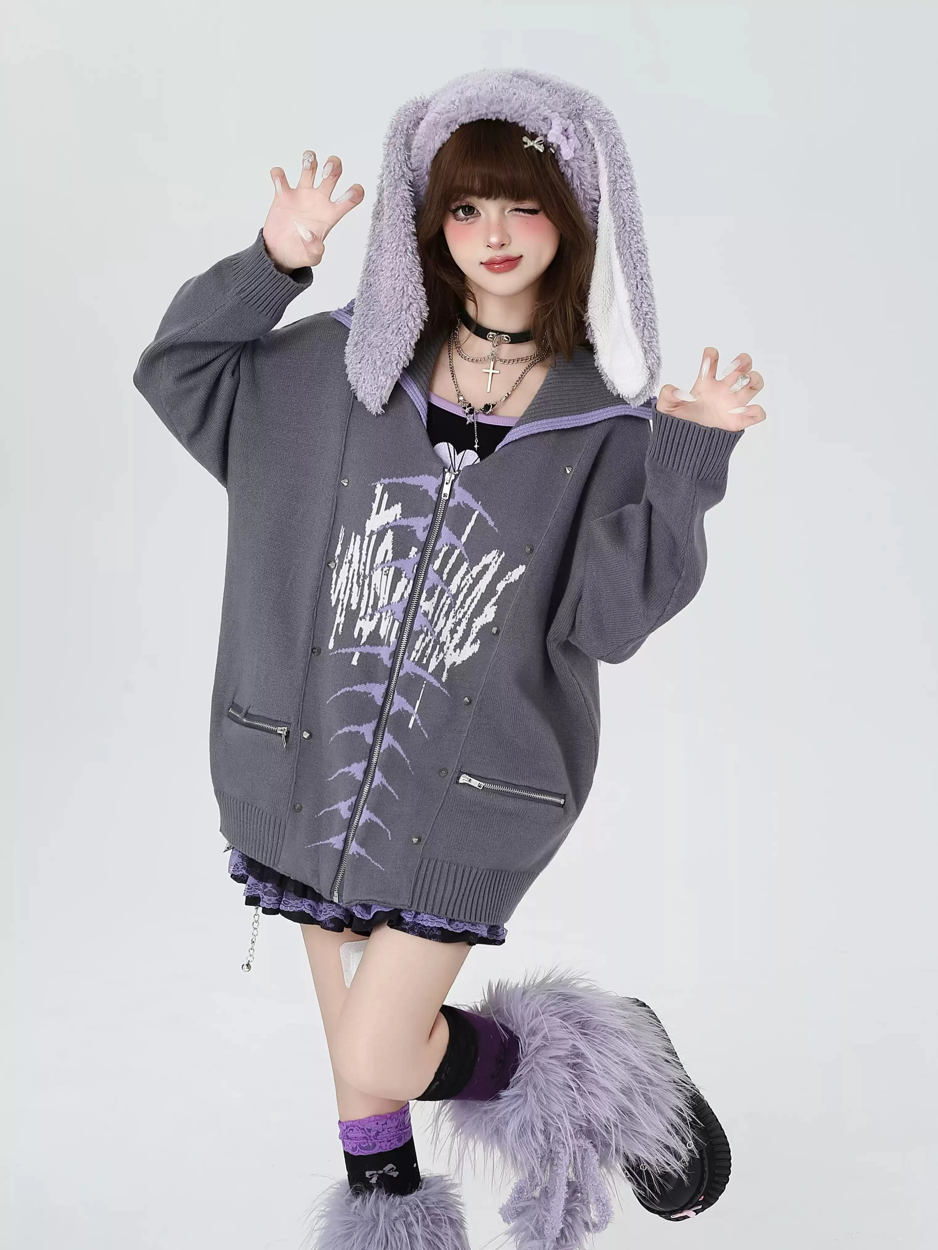 Crazy Girl Fantasy Skeleton Sailor Collar Gray Black Jacket Cardigan