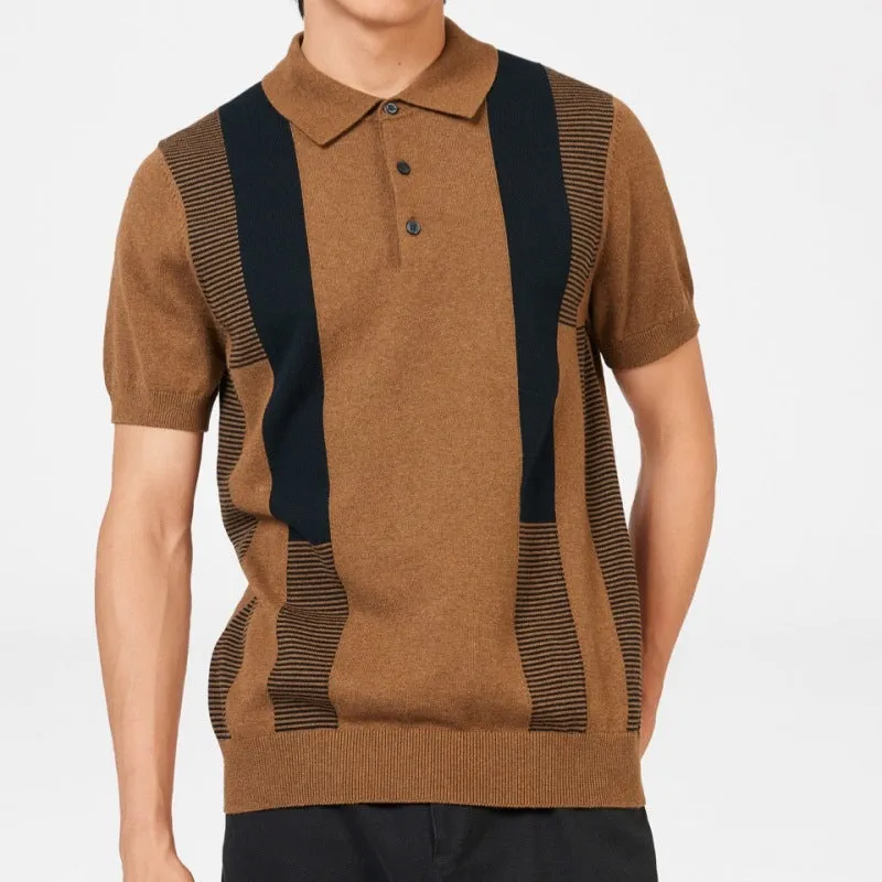 Custom 100% Wool Striped Short Sleeve Knit Polo for Men