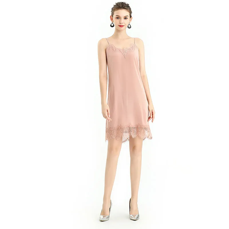 D102 Women solid polyester lace trimmed strappy mini slip dress