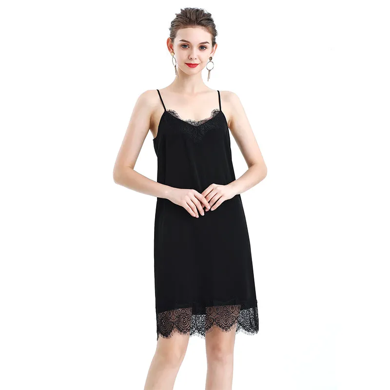 D102 Women solid polyester lace trimmed strappy mini slip dress