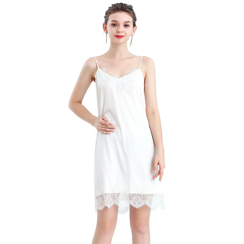 D102 Women solid polyester lace trimmed strappy mini slip dress