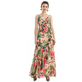 D113 Women floral print chiffon spaghetti straps gathered detailing flared maxi party dress