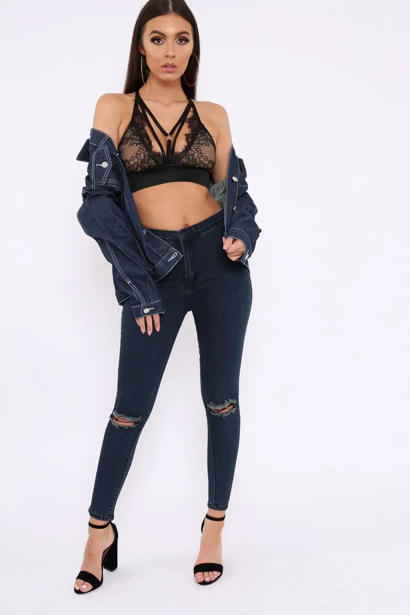 Dark Blue Ripped Knee High Waist Skinny Jeans -Leeya