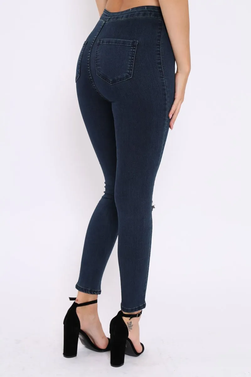 Dark Blue Ripped Knee High Waist Skinny Jeans -Leeya