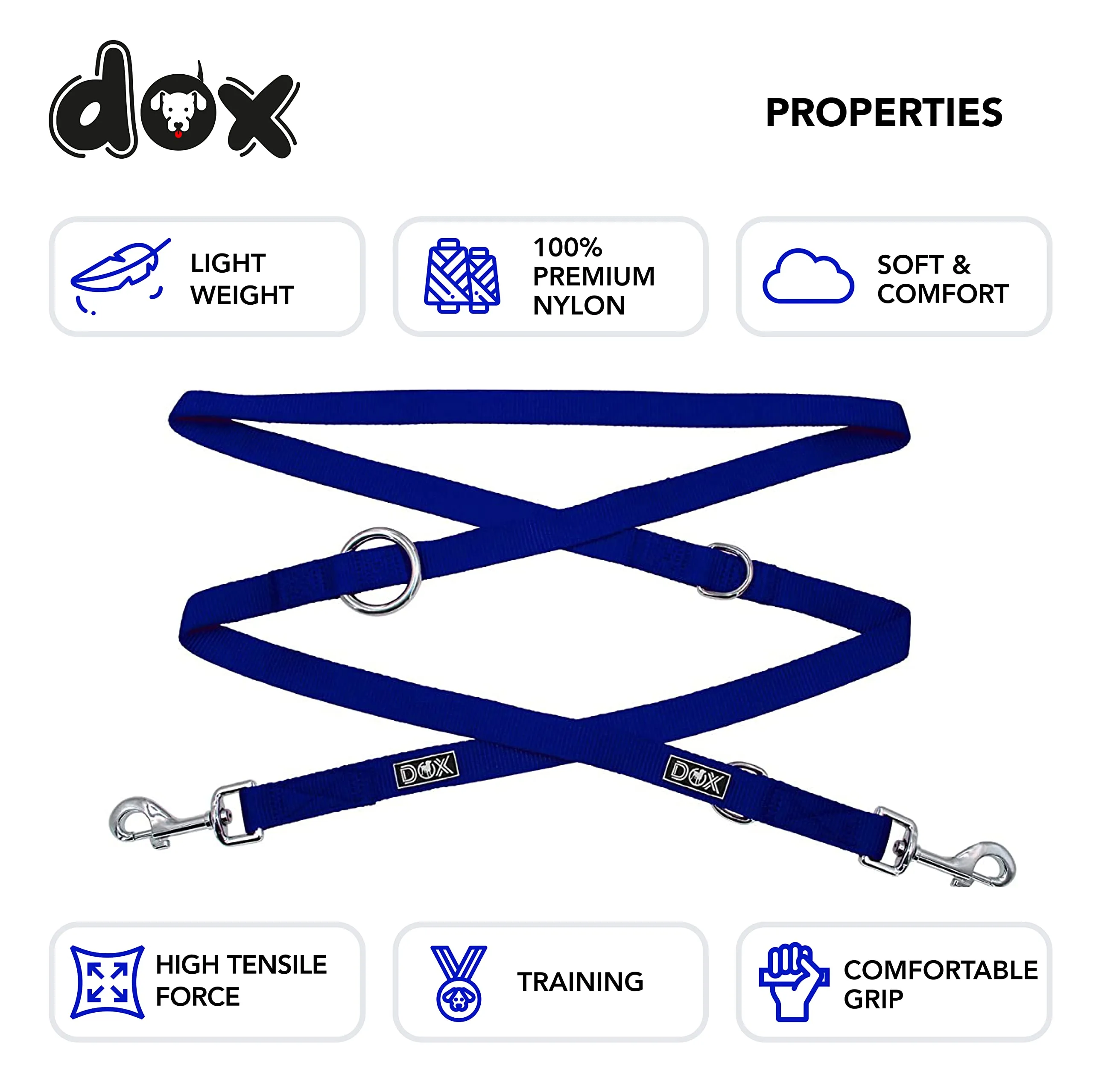 DDOXX Nylon Dog Leash, 3-Way Adjustable, 6.6 ft - for Dogs Large & Small - Double Dog