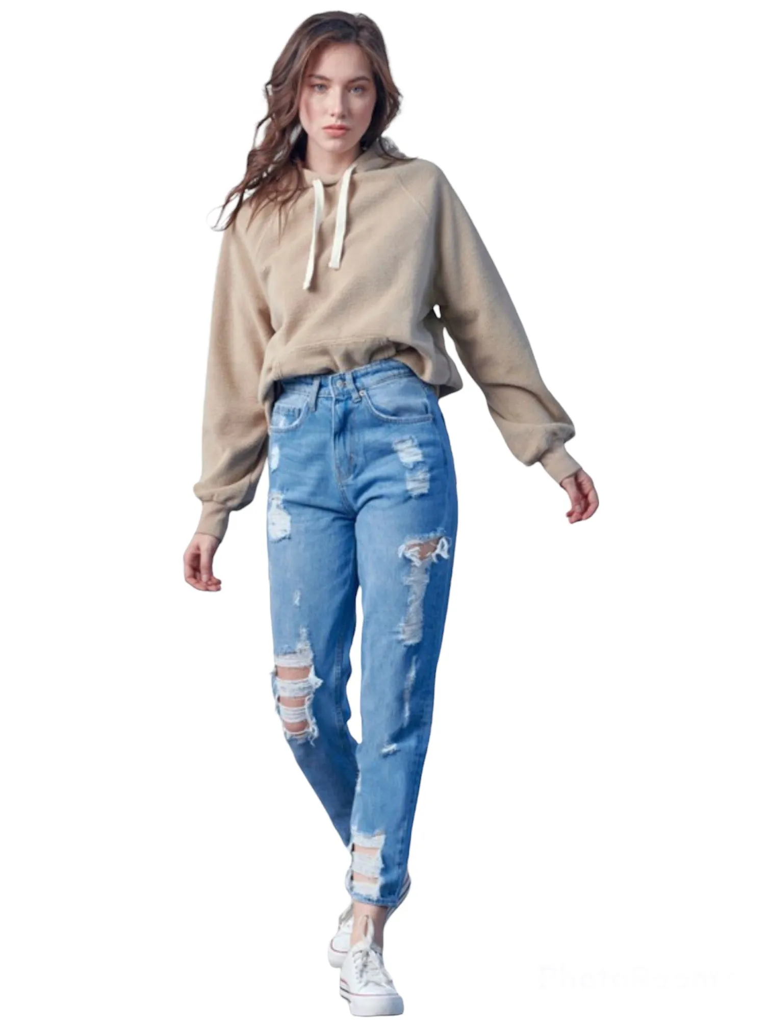 Distressed High Waste Mom Jeans