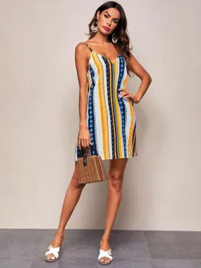 Double V-neck Tribal Print Slip Dress