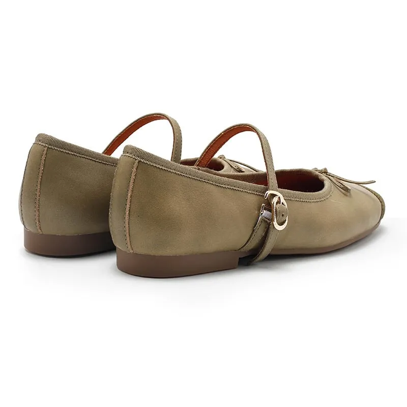 Dwarves Handmade Sheepskin Women's Michaela Mary Jane Flats in Khaki/Green/Apricot/Black