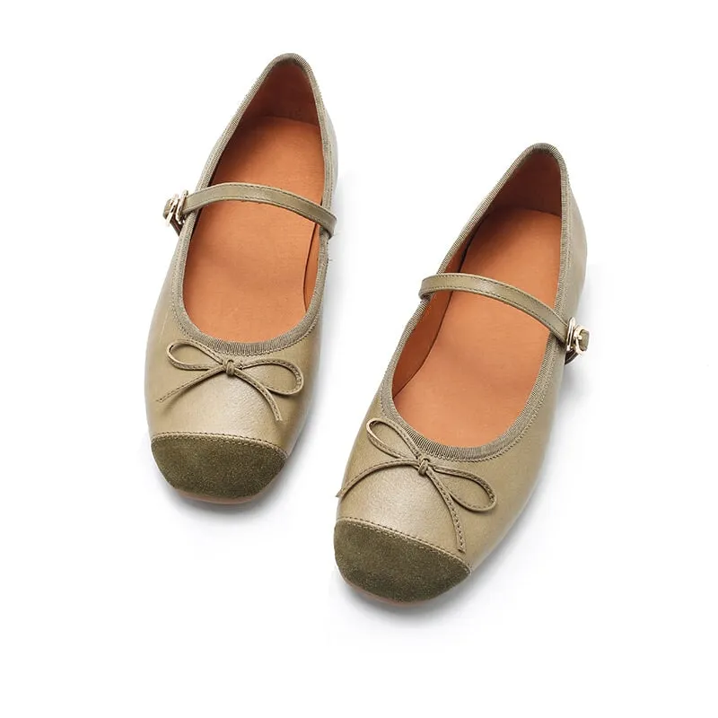 Dwarves Handmade Sheepskin Women's Michaela Mary Jane Flats in Khaki/Green/Apricot/Black