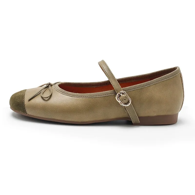 Dwarves Handmade Sheepskin Women's Michaela Mary Jane Flats in Khaki/Green/Apricot/Black