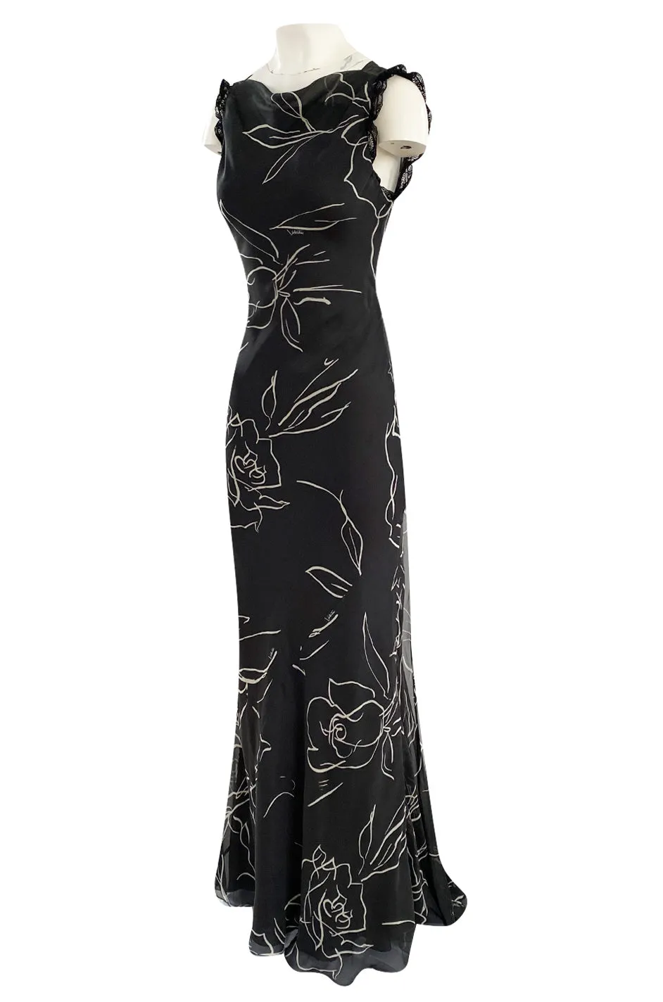 Early 2000s Valentino Roma Bias Cut Tied & Backless Graphic Floral Print Silk Dress