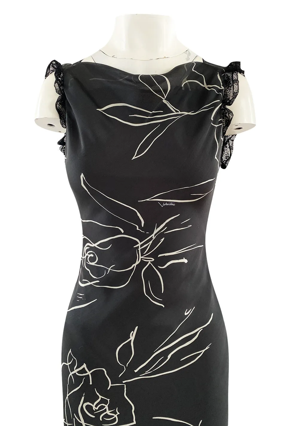 Early 2000s Valentino Roma Bias Cut Tied & Backless Graphic Floral Print Silk Dress