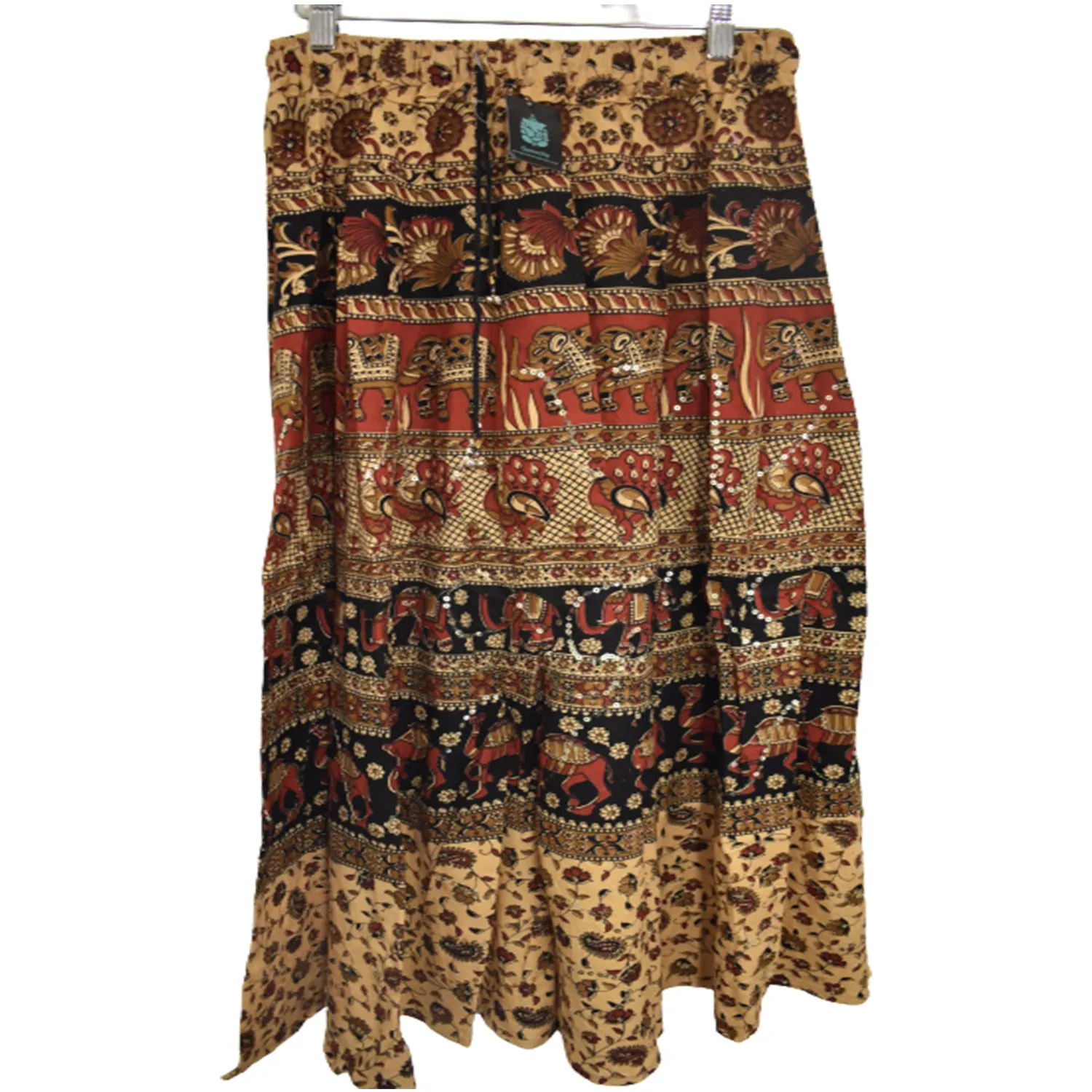 Elephant Pattern Brown Long Cotton Skirt