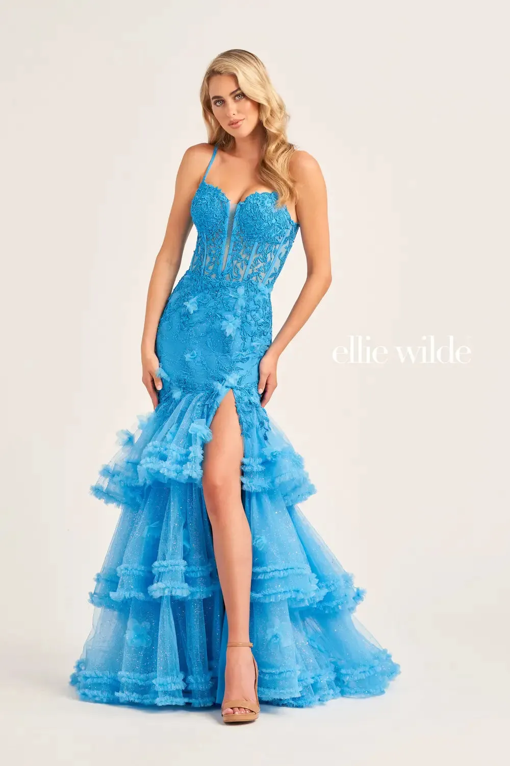 Ellie Wilde EW35050 Sheer Lace Corset Pleated Mermaid Prom Dress Ruffle Layer Shimmer Slit Formal Gown