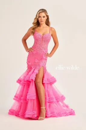 Ellie Wilde EW35050 Sheer Lace Corset Pleated Mermaid Prom Dress Ruffle Layer Shimmer Slit Formal Gown