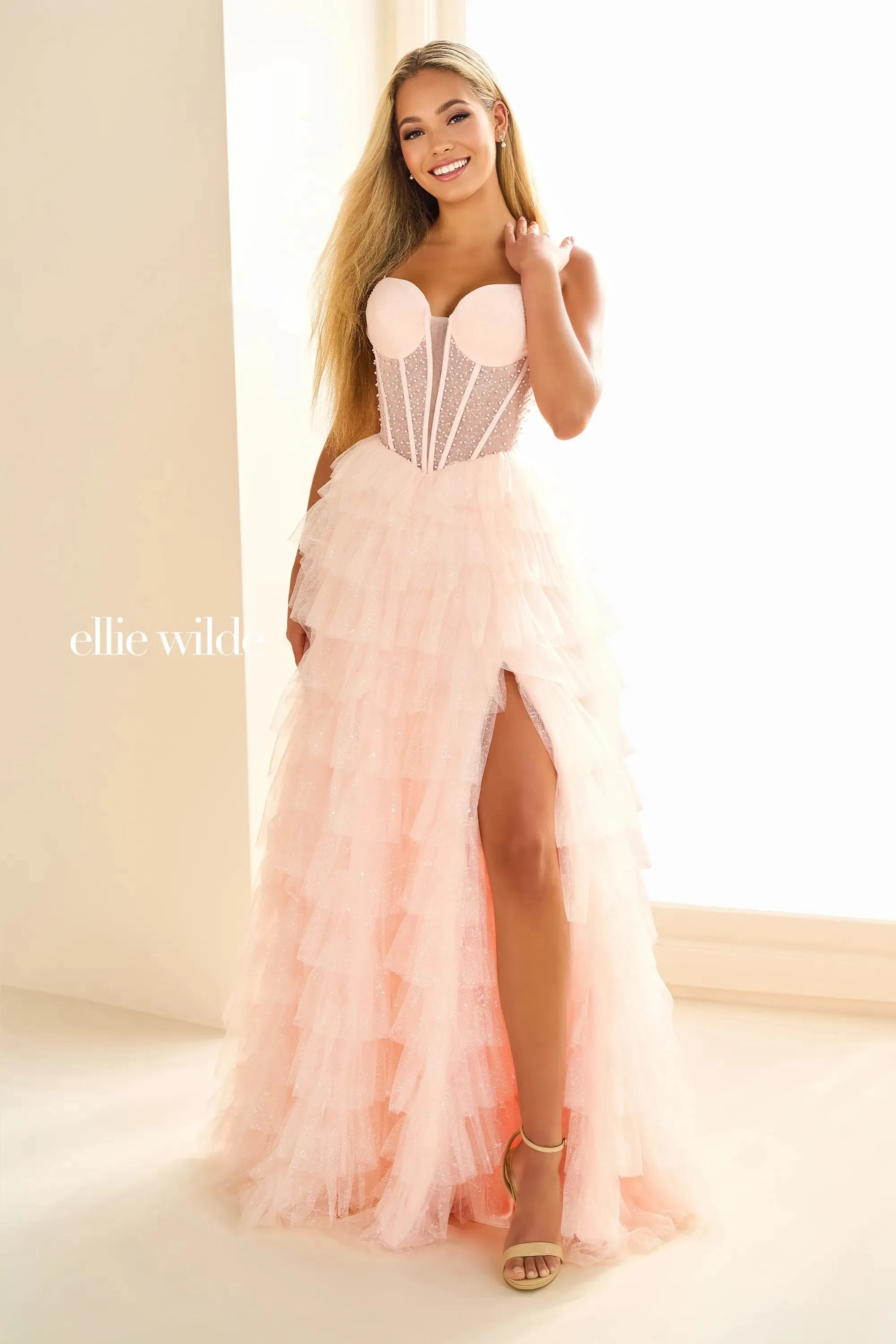 Ellie Wilde EW36029 Sheer Corset Layered slit Prom Dress Shimmer Pearl Pageant Gown Formal