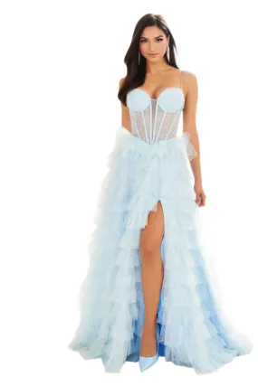 Ellie Wilde EW36029 Size 4 Ice Blue Sheer Corset Layered slit Prom Dress Shimmer Pearl Pageant Gown Formal