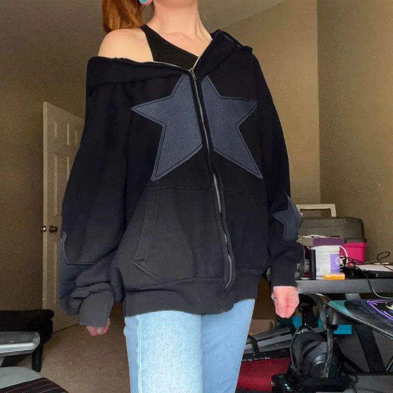 Fashionkova grunge dti Street Style Fashion Five-Pointed Star Patch Zipper Large Pocket Hooded Loose Sweater Autumn and Winter Casual Coat