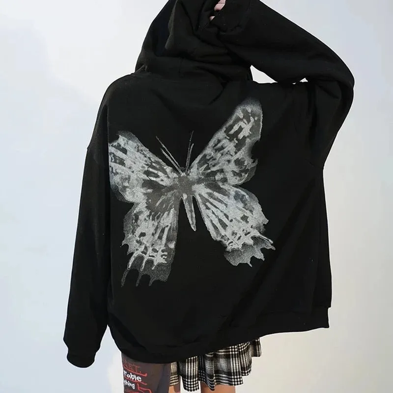 Fashionkova  Women Hip Hop Streetwear Hoodies 2022 Autumn Butterfly Print Oversized Hooded Coat Goth Harajuku Y2k Grunge Punk Zipper Jacket