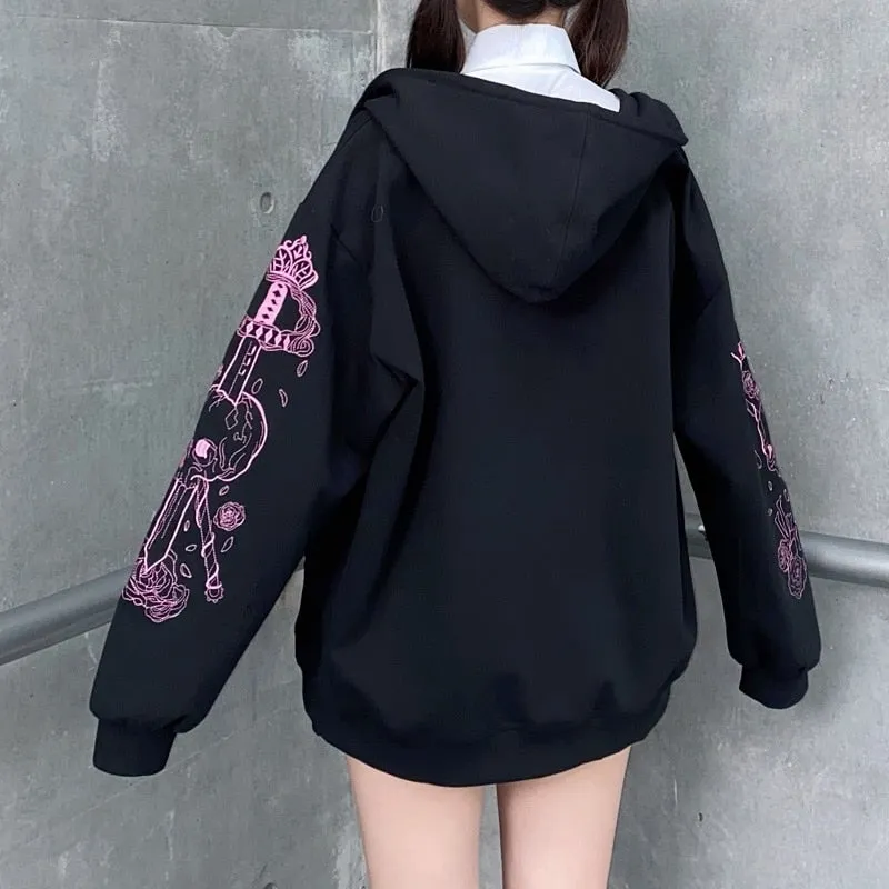 Fashionkova  Women Hip Hop Streetwear Hoodies 2022 Autumn Butterfly Print Oversized Hooded Coat Goth Harajuku Y2k Grunge Punk Zipper Jacket