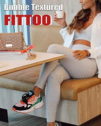 FITTOO Women's High Waist Yoga Pants Tummy Control Scrunched Booty Leggings Workout Running Butt Lift Textured Tights Peach Butt Grey