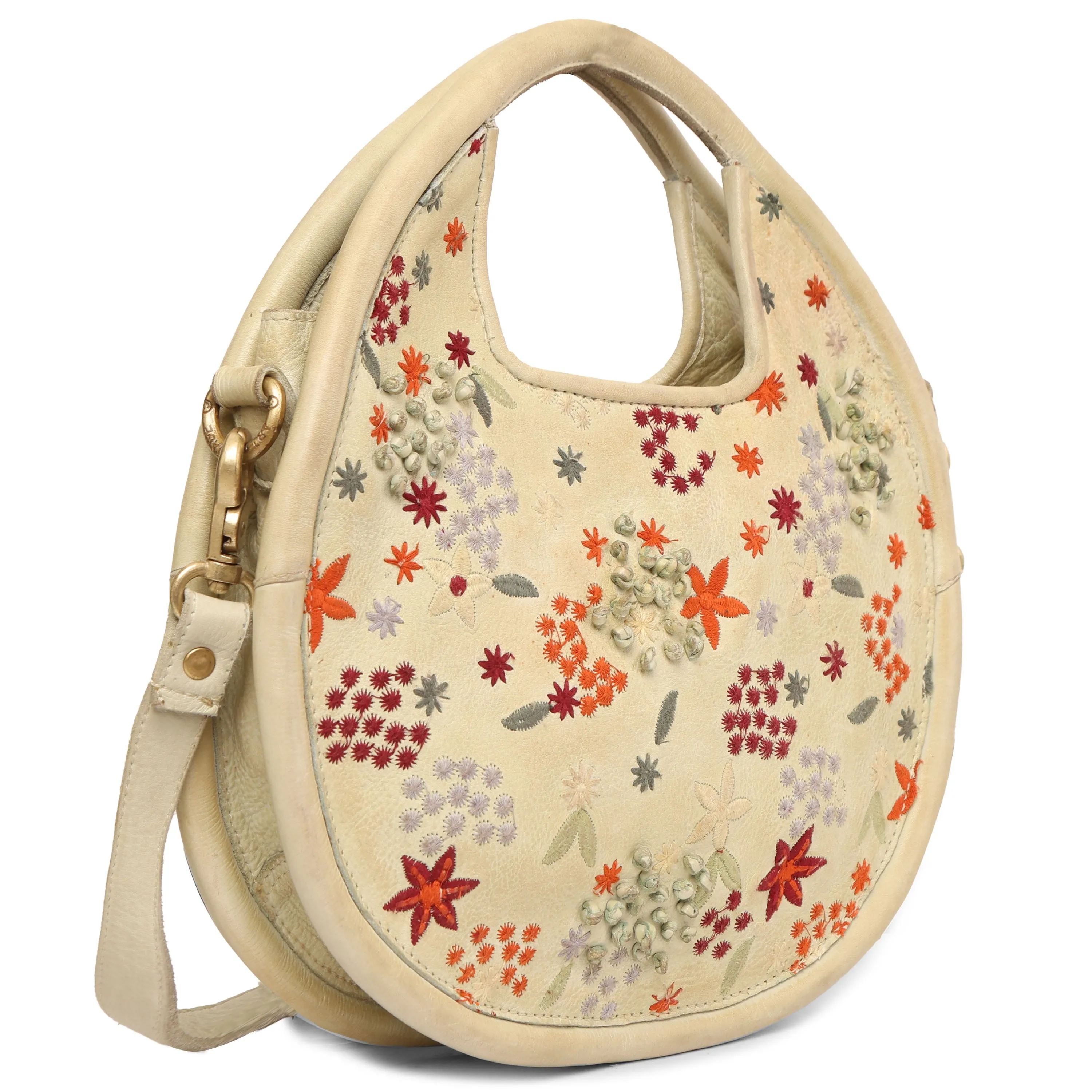 Floral Bliss: Round L.Green Leather Handbag with Flower Embroidery