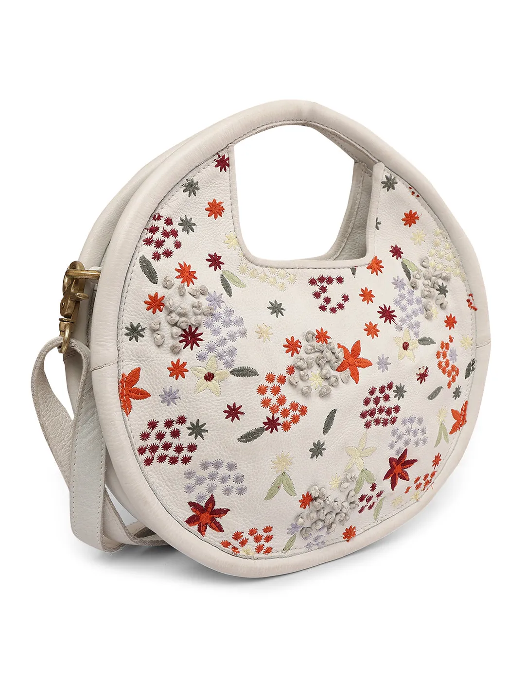 Floral Bliss: Round White Leather Handbag with Colorful Flower Embroidery