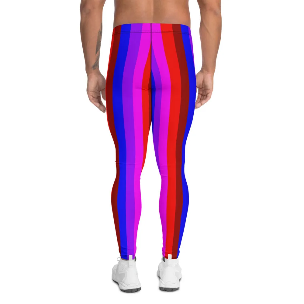 Gay Pride Men's Leggings, Bright LGBTQ Colorful Rainbow Striped Meggings-Made in USA/EU