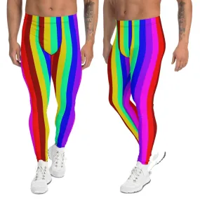 Gay Pride Men's Leggings, Bright LGBTQ Colorful Rainbow Striped Meggings-Made in USA/EU