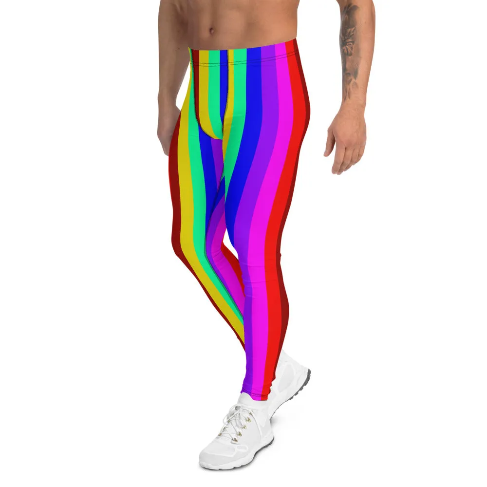 Gay Pride Men's Leggings, Bright LGBTQ Colorful Rainbow Striped Meggings-Made in USA/EU