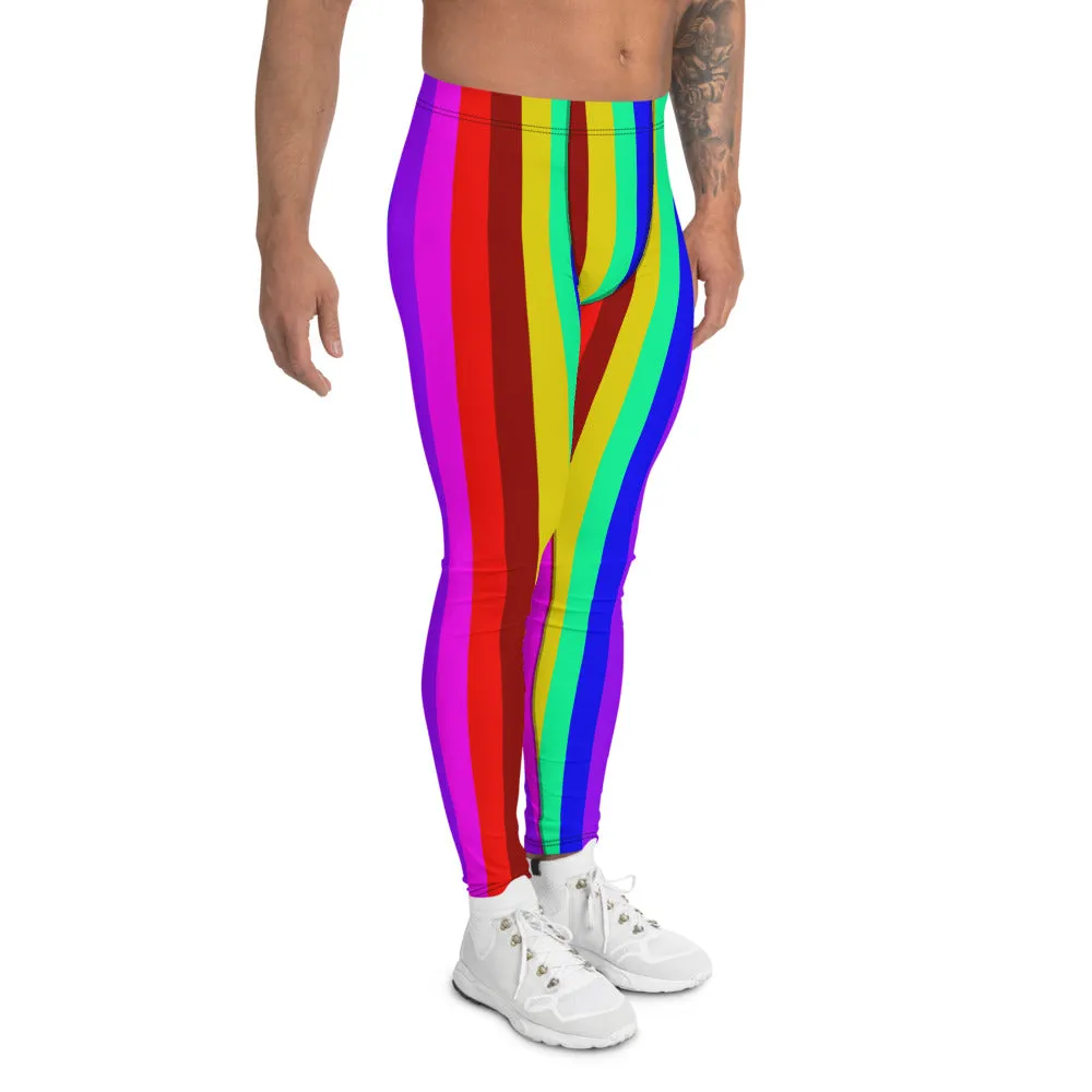 Gay Pride Men's Leggings, Bright LGBTQ Colorful Rainbow Striped Meggings-Made in USA/EU