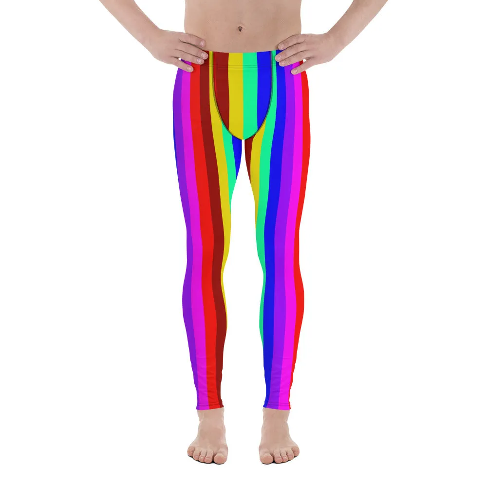 Gay Pride Men's Leggings, Bright LGBTQ Colorful Rainbow Striped Meggings-Made in USA/EU