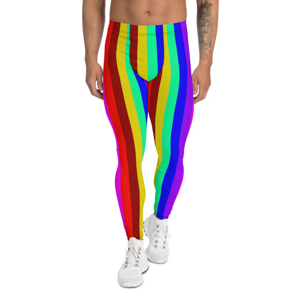 Gay Pride Men's Leggings, Bright LGBTQ Colorful Rainbow Striped Meggings-Made in USA/EU