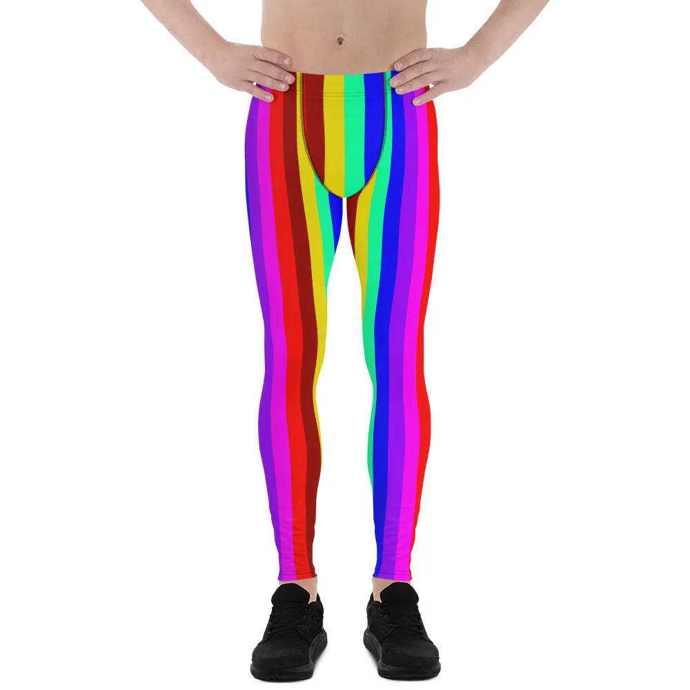 Gay Pride Men's Leggings, Bright LGBTQ Colorful Rainbow Striped Meggings-Made in USA/EU