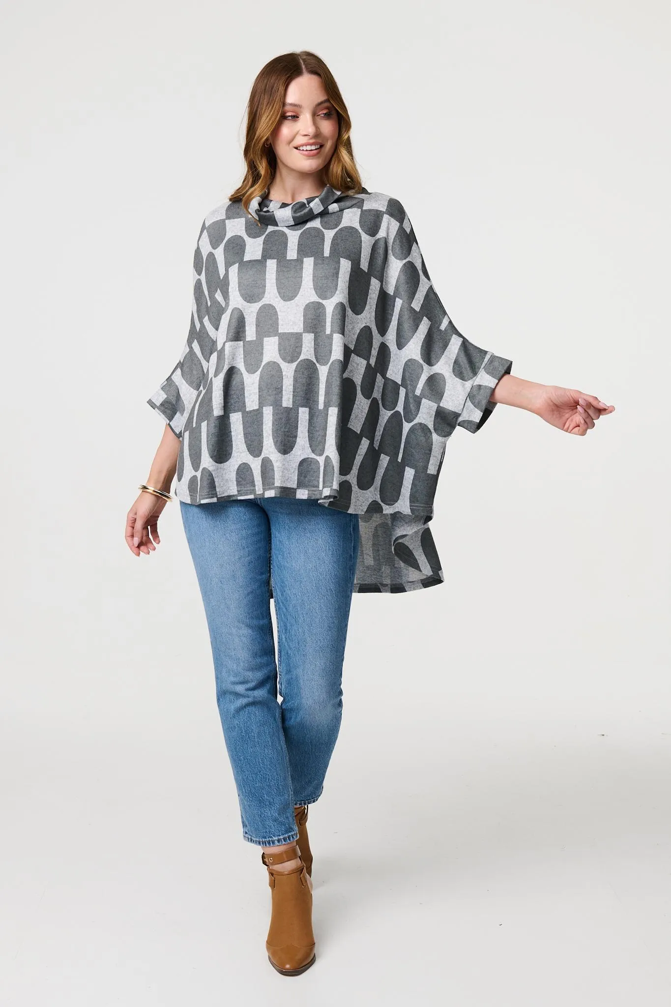 Geo Print Roll Neck Oversized Top