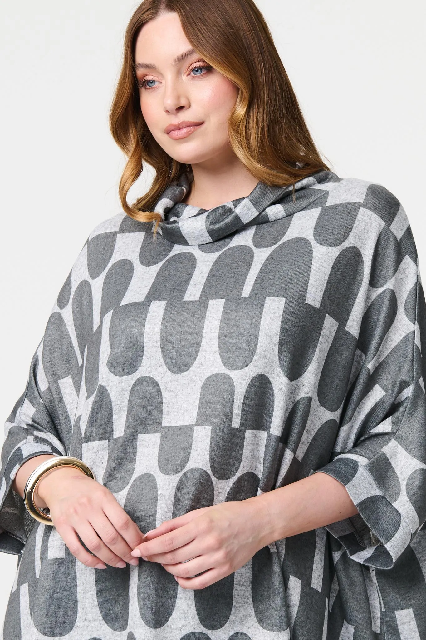 Geo Print Roll Neck Oversized Top