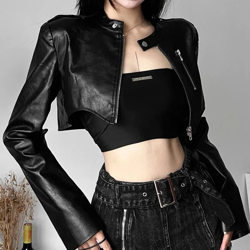 Girlary Goth Dark Zipper Cyber Gothic Y2k Crop Jackets Grunge Punk Style Faux Leather Coats Female Fashion Streetwear Irregular Hem Coat