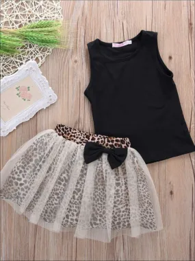 Girls Animal Print Tutu Skirt with Bow & Black Tank Top Set