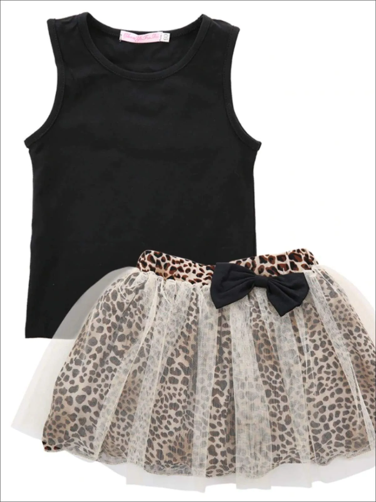 Girls Animal Print Tutu Skirt with Bow & Black Tank Top Set