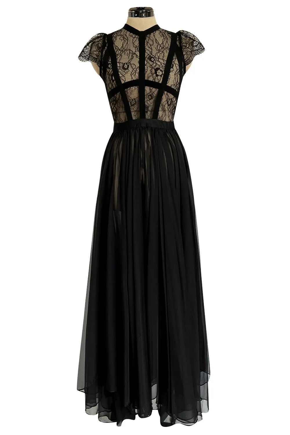 Gorgeous 2000s Valentino Roma Sheer Black Chiffon & Banded Lace Bodice Dress