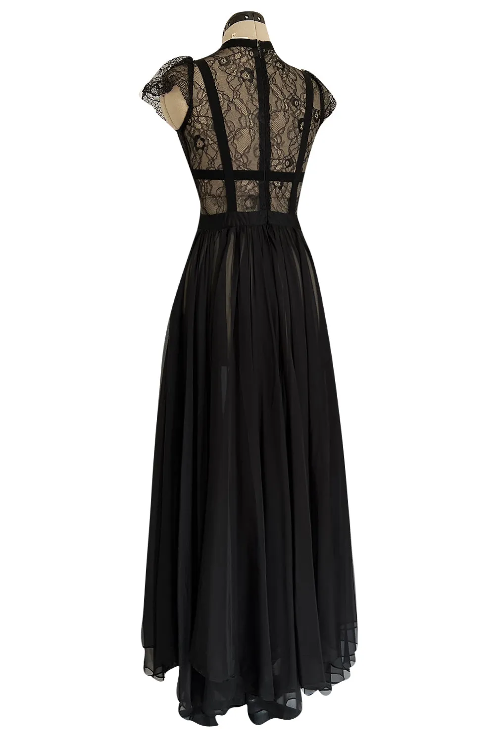 Gorgeous 2000s Valentino Roma Sheer Black Chiffon & Banded Lace Bodice Dress