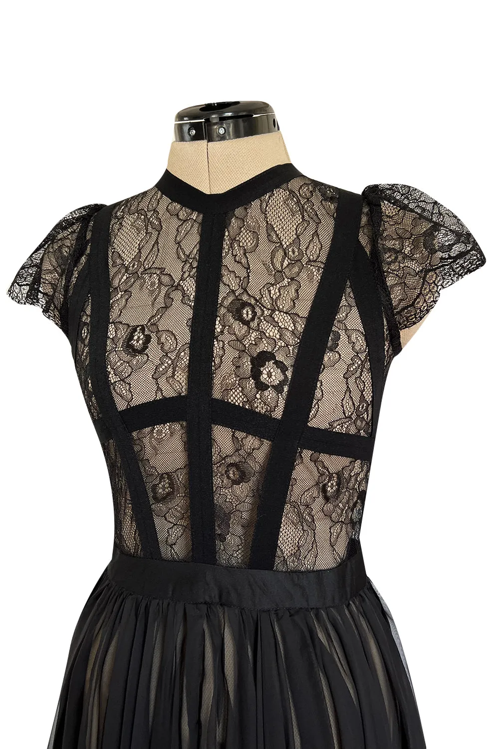 Gorgeous 2000s Valentino Roma Sheer Black Chiffon & Banded Lace Bodice Dress