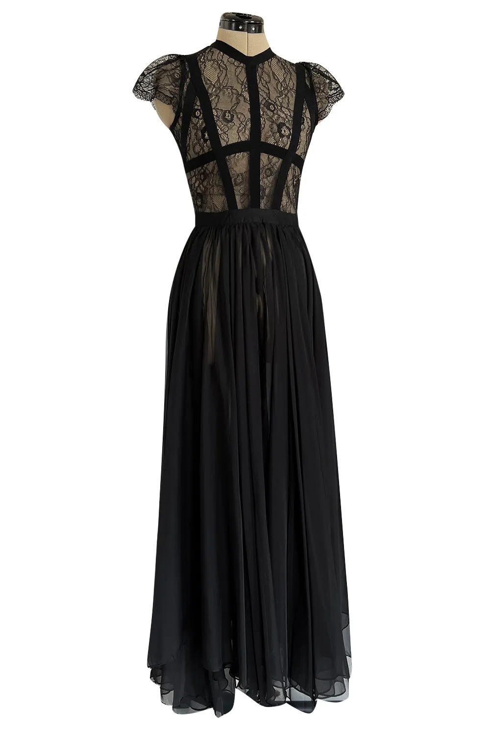 Gorgeous 2000s Valentino Roma Sheer Black Chiffon & Banded Lace Bodice Dress