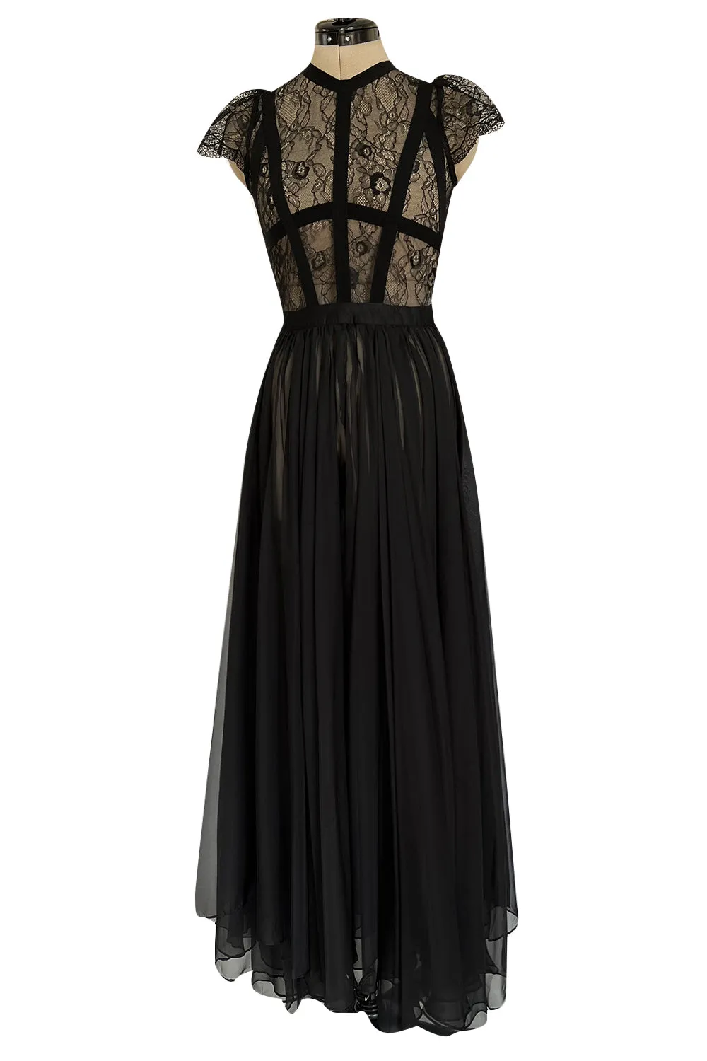 Gorgeous 2000s Valentino Roma Sheer Black Chiffon & Banded Lace Bodice Dress