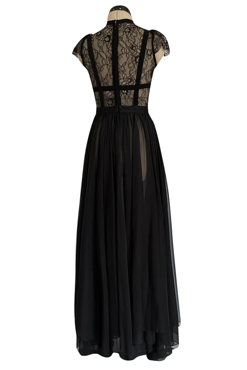 Gorgeous 2000s Valentino Roma Sheer Black Chiffon & Banded Lace Bodice Dress