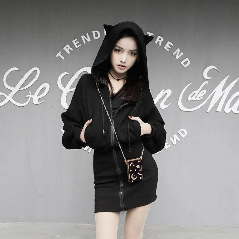 Gothic Cat Ears Zipped Women's Hoodie Long Sleeve Cute Women's Coat Fleece Punk Emo Hooded Rock Cyber Kitten Kawaii Harajuku Mall Goth