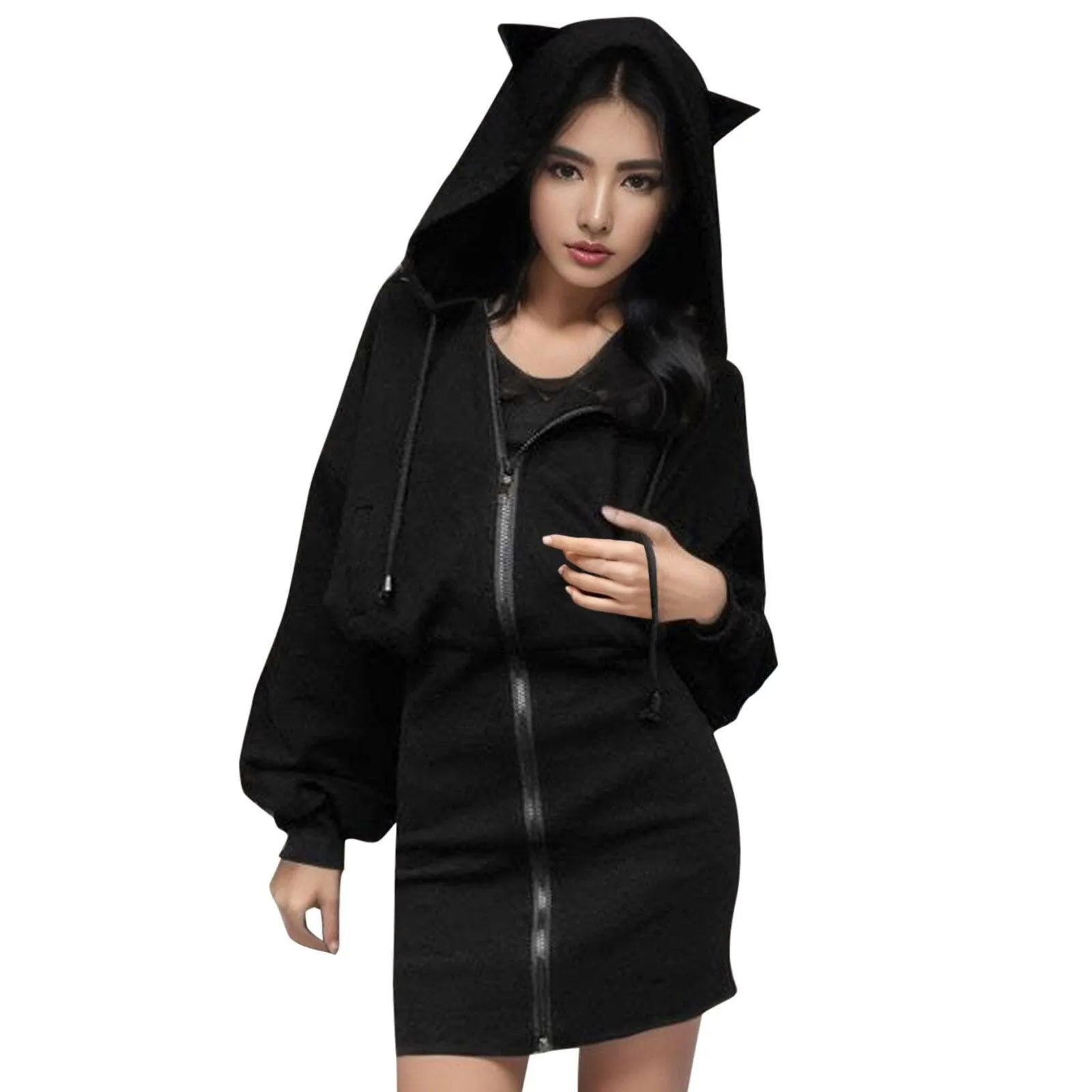 Gothic Cat Ears Zipped Women's Hoodie Long Sleeve Cute Women's Coat Fleece Punk Emo Hooded Rock Cyber Kitten Kawaii Harajuku Mall Goth