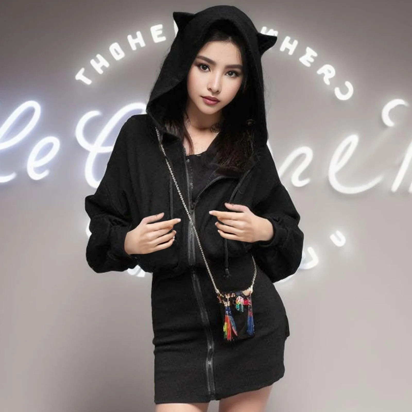 Gothic Cat Ears Zipped Women's Hoodie Long Sleeve Cute Women's Coat Fleece Punk Emo Hooded Rock Cyber Kitten Kawaii Harajuku Mall Goth