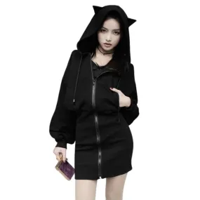 Gothic Cat Ears Zipped Women's Hoodie Long Sleeve Cute Women's Coat Fleece Punk Emo Hooded Rock Cyber Kitten Kawaii Harajuku Mall Goth