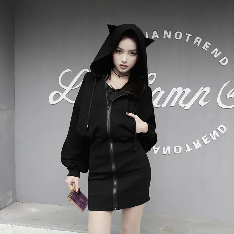 Gothic Cat Ears Zipped Women's Hoodie Long Sleeve Cute Women's Coat Fleece Punk Emo Hooded Rock Cyber Kitten Kawaii Harajuku Mall Goth